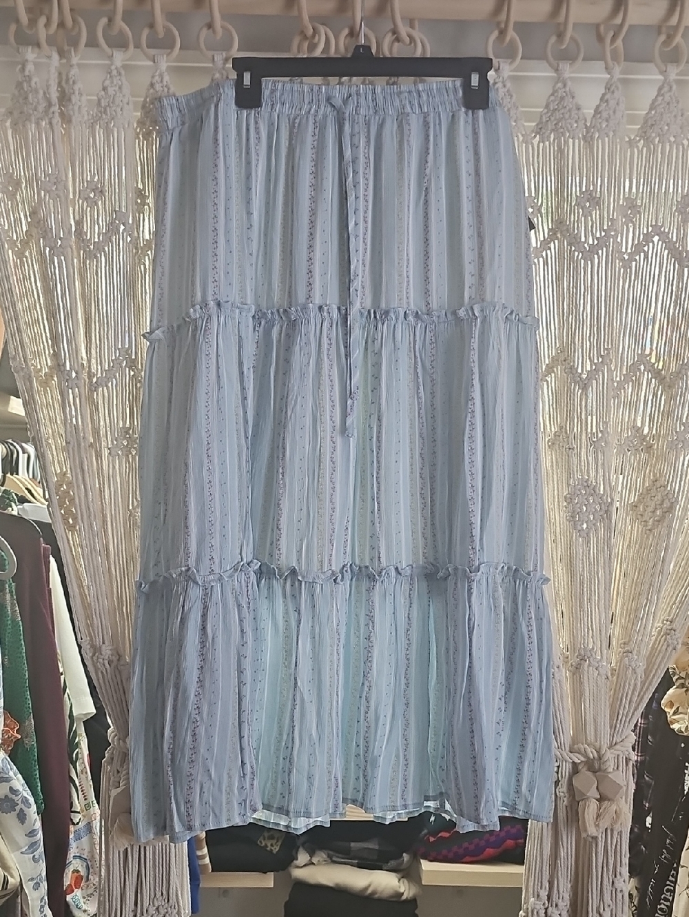 Celebrity Pink Light Blue Striped Tiered Maxi Skirt